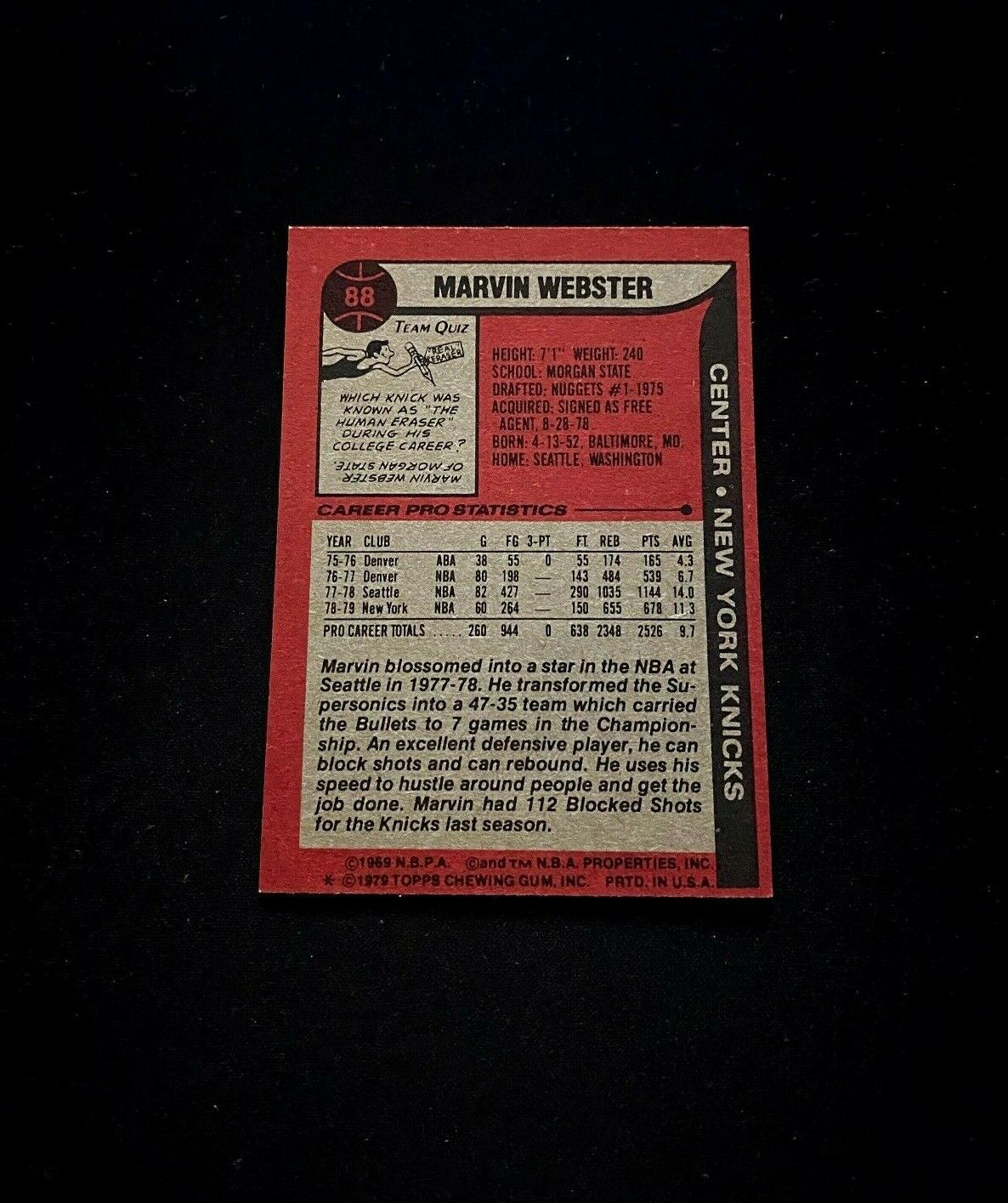 1979 Topps Marvin Webster Basketball Card! (GREAT CONDITION!)